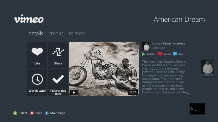 Vimeo application for Xbox 360